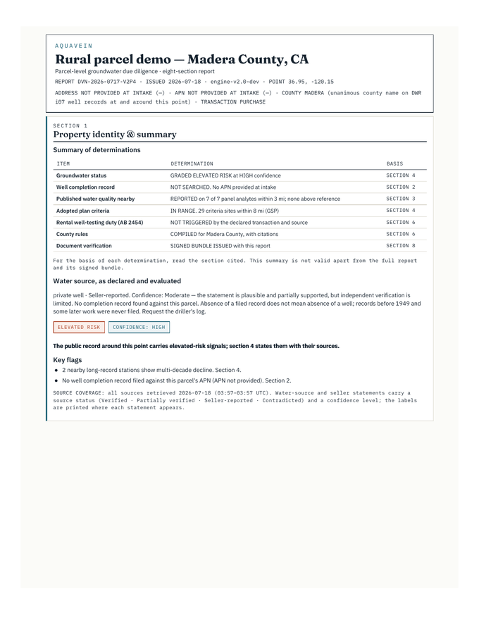 Front page of an AquaVein report